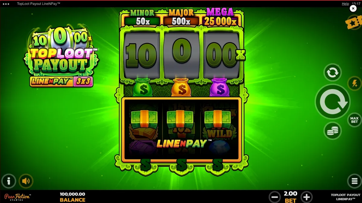 Tampilan antarmuka slot TopLoot Payout LineNPay dengan tema harta karun dan simbol berlian.
